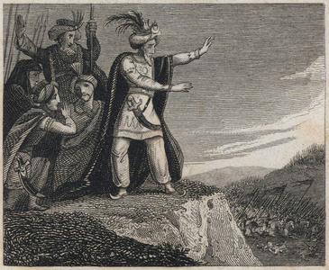 Xerxes I watching the defeat of his army at the Battle of Plataea, 479 BC (engraving)