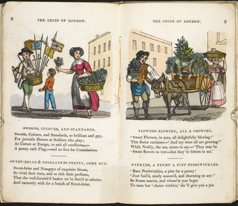 Swords, colours, and standards'. A seller of militaria.
'Flowers blowing, all a growing'. A flower seller.