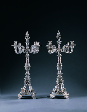 Pair of highly important German four-light candelabra, commissioned for George II, made by Balthasar Friedrich Behrens, Hanover, 1736-37 (silver)