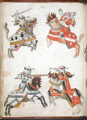 Coloured drawing of combatant mounted knights in armour and tabard.