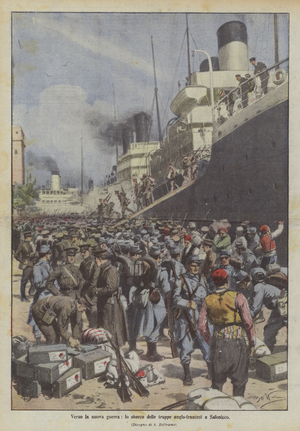 Towards the new war, the landing of the Anglo-French troops in Thessaloniki (colour litho)