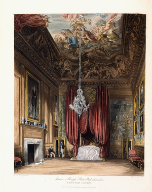 Queen Mary's State Bed-chamber, Hampton Court, 1819 (hand-coloured aquatint engraving)
