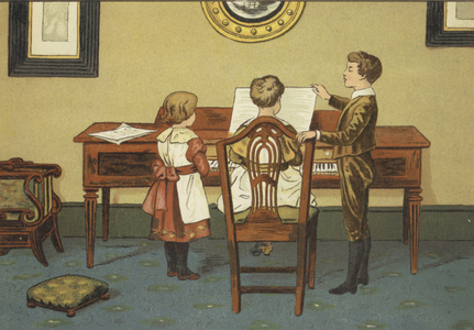 Children rehearsing at the piano (colour litho)