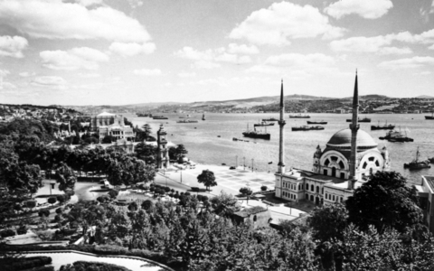 Istanbul, Turkey, May 5, 1969 : view on the Bosphorus : in the background : Dolmabahce palace, on r : mosque of Dolmabahce, May 5, 1969