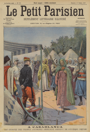 Hostages from subjugated Moroccan tribes marching past General Drude at Casablanca (colour litho)