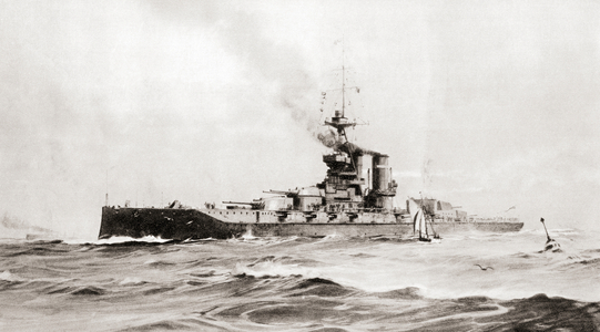 The 15 inch gun super-dreadnought H.M.S. Queen Elizabeth, drawn by W.B. Freer from The Illustrated War News pub.1914