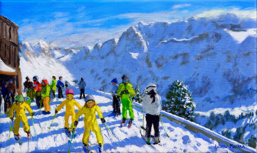 Young skiers in yellow, Val Gardena Italy, 2018 (oil on canvas)