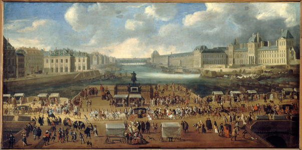 The Pont-Neuf, seen from the Place Dauphine entrance, the Quai Malaquais with the Collège des Quatre-Nations, the Grande Galerie and the Louvre, circa 1669. A procession passes over the bridge. Present-day 1st and 6th arrondissements, between 1665 and 1669 (oil on canvas)