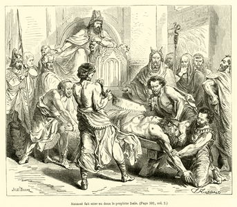 Manasse fait scier en deux le prophete Isaie (engraving)