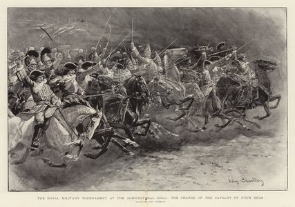 The Royal Military Tournament at the Agricultural Hall, the Charge of the Cavalry of Four Eras (litho)