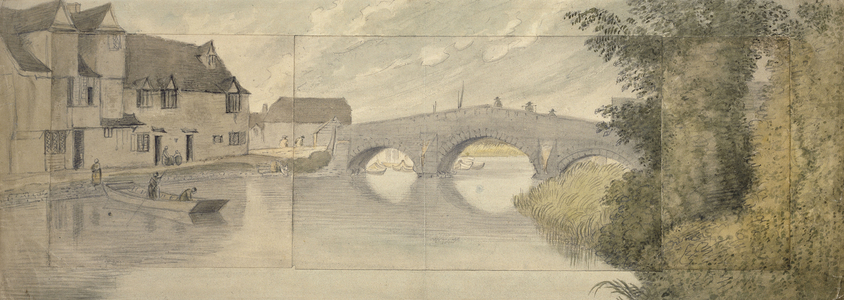 Hythe Bridge, Oxford, 1789 (watercolour over graphite on three sheets of paper pasted onto a larger sheet)