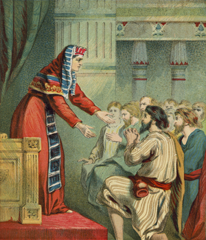 Joseph receiving his brothers in Egypt (chromolitho)