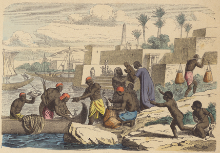 Ancient Egyptian fishermen (coloured engraving)