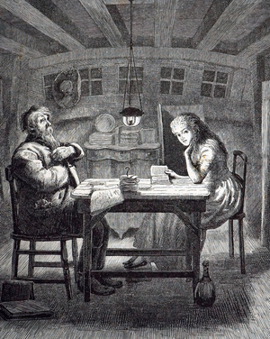 An engraving depicting a young woman reading under a simple hanging lamp, 19th century