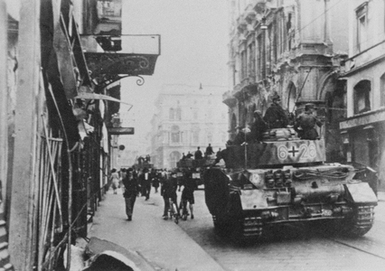 German tank in Milan, 1942, (b/w photo)