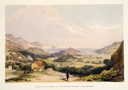 Carlist Fort, "El Parque," with Fontarabia and Mouth of the Bidassoa, from Sketches of scenery in the Basque provinces of Spain, with a selection of national music , pub. 1838 (hand coloured engraving)
