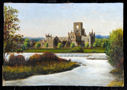 View of Kirkstall Abbey across river, 1952 (oil on canvas)