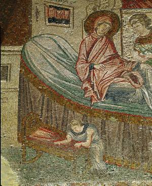 Saint Anne and a servant girl prepare the cradle for Mary (fresco on plaster)