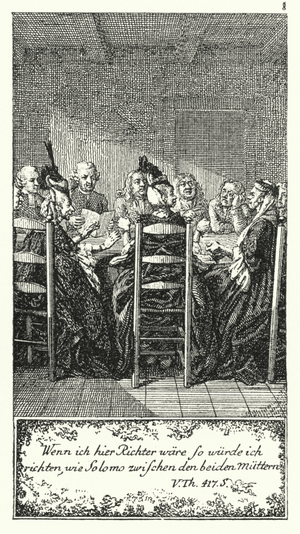 If I were a judge here, I would judge as Solomon dis between the two mothers (engraving)