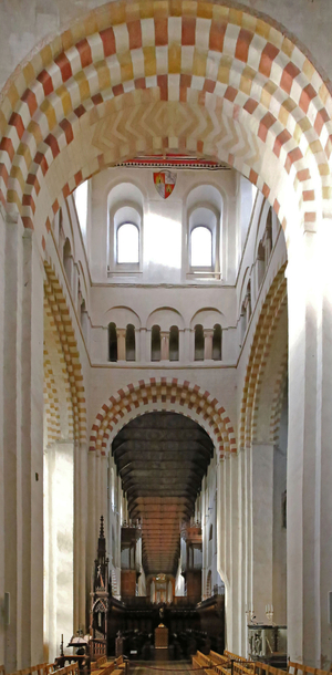 View down the nave from the choir, St. Albans Cathedral, Hertfordshire (photo)