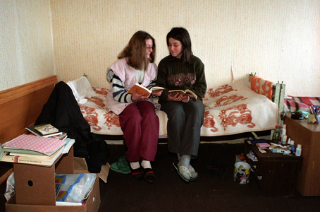 Two girls are sitting on a bed in the orphanage - Bright Future - in Sofia,..., 1997 (photo)