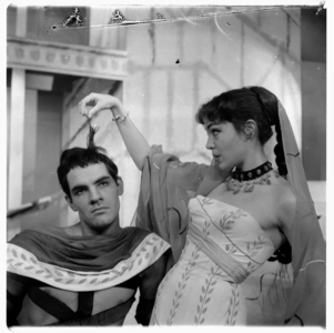Lysistrata at National Theatre, images from a production of classic Greek play Lysistrata directed by Milos Volonakis starring Joan Greenwood, London 1985