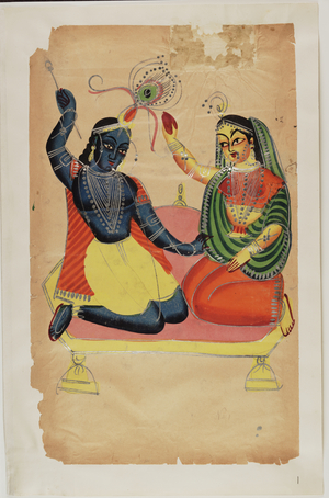 Krishna and his lover Radha seated face-to-face, c.1875 (watercolour)
