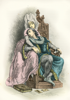 Portrait of King Charles 6 dit le bien aime with Odette de Champdivers (Engraving)