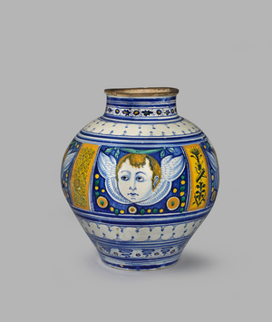 Large globular jar decorated with four heads of cherubs, c.1490-c.1500 (tin-glazed earthenware)