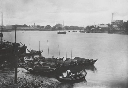 Burma: Rice Mills on the Poozoondoung Creek, Rangoon (b/w photo)