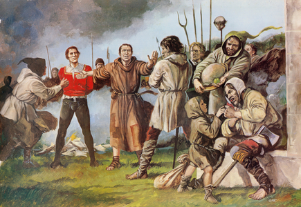 Followers of Wat Tyler threaten a landowner during the Peasants' Revolt (colour litho)