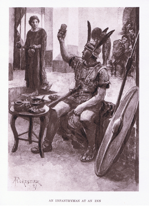 An infantryman at an inn, illustration from'The Roman Soldier', 1928 (litho)