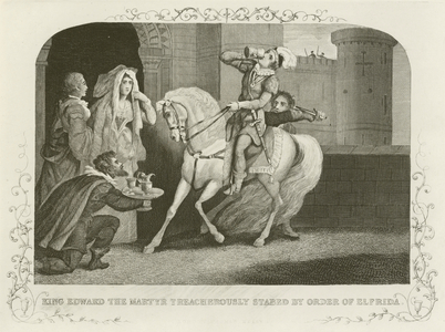 King Edward the Martyr treacherously stabed by order of Elfrida (engraving)