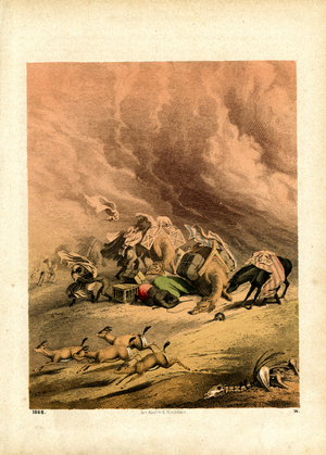 Caravan in a Desert Storm (hand-coloured engraving)