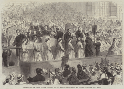 Distribution of Prizes to the Children of the Ragged-School Union at Exeter Hall (engraving)