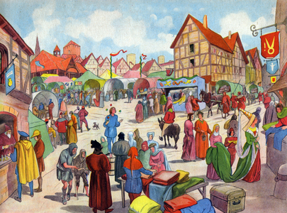 Trade fair during middle ages, 1948 (illustration)