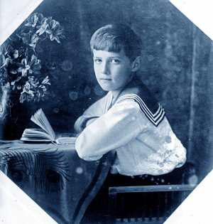 Photograph of Czarevitch Alexei Romanov, 1910 (b/w photo)