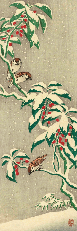 Sparrows on a Snowy Berry Bush, by Japanese artist Ohara Koson