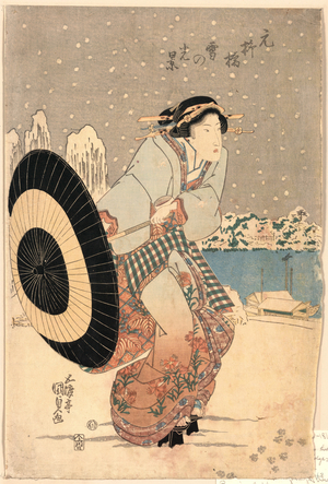 Moto-Yanagibashi Yuki No Kokei, Night Snow Scene at Motonoyanagi Bridge. [Between 1818 and 1830], 1 Print : Woodcut, Color ; 38.7 X 25.3 ., Print Shows a Woman Opening Up a Parasol While Walking in the Snow at Night Near the Motonoyanagi Bridge.