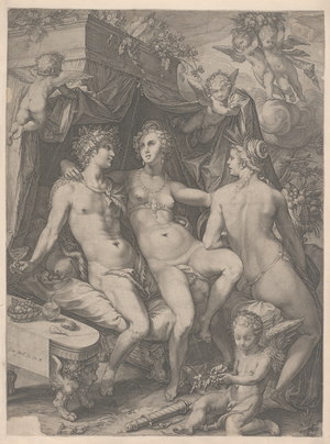 Venus Seated on a Bed between Bacchus and Ceres, 1600 (engraving)