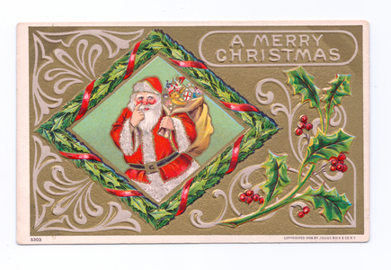 Edwardian Christmas postcard of Father Christmas with a sack of toys across his shoulder pointing at his nose, c.1910 (colour litho)