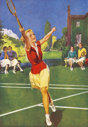 Girl playing tennis (colour litho)