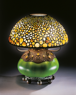 Rare 'Pebble' table lamp, c.1906 (leaded glass, stone, bronze & blown glass)