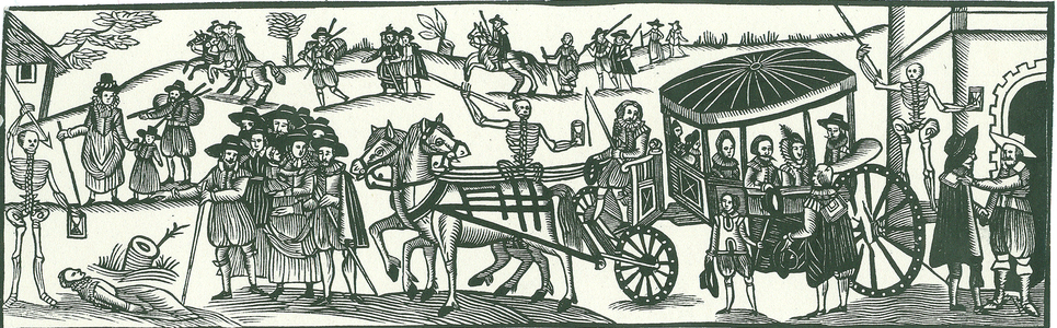 Townspeople escaping to the countryside to avoid and outbreak of Plague. Mid-17th century (english woodcut)
