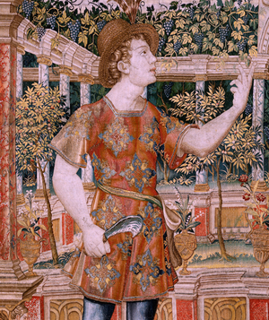 Flemish tapestry. Series Vertumnus and Pomona. No IV Vertumnus transformed into a pruner (Vertumno y Pomona IV (Vertumno transformado en podador).  Models Circle of Pieter Coecke Van Aelst and Léonard Thiry. Atelier unknown, Brussels. Gold, silk and wool. Before 1550.