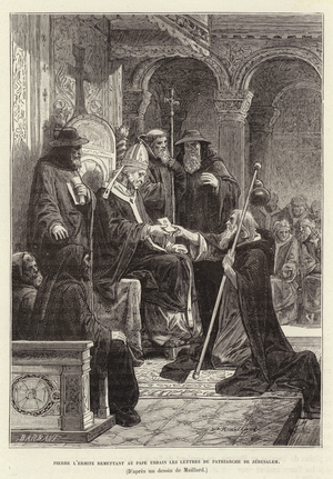 Pierre l'Ermite remettant au Pape Urbain les lettres du Patriarche de Jerusalem. Peter the Hermit delivering letters from the Patriarch of Jerusalem to Pope Urban II, c1095 (engraving)