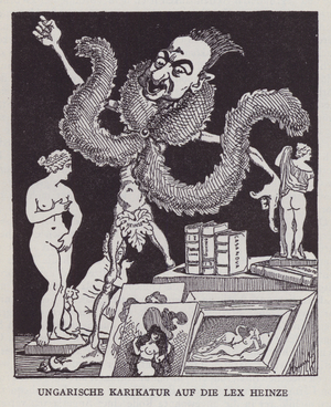 Hungarian caricature of the German Lex Heinze censorship law of 1900 (litho)