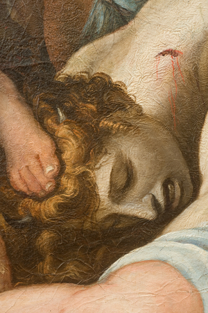 St Michael the Archangel stepping on the personifications of capital vices (detail), c.1550-55 (oil on canvas)