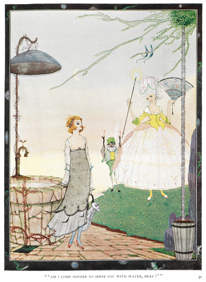 "Am I come hither to serve you with water, pray?" Illustration for the story, "the fairy." A young woman meeting a fairy with the appearance of a well-dressed lady.
