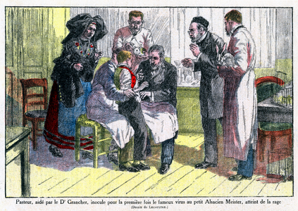 Louis Pasteur, helped by Dr. Grancher, inoculated the rabies virus for the first time, 1922 (print)
